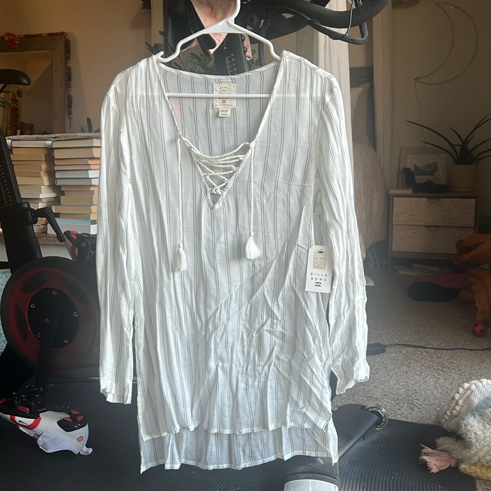 Billabong Swim Cover. Sheer white with blue/grey stripes. Size XS